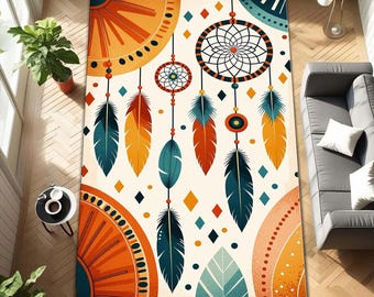 Boho Dreamcatcher Rug – Colorful Feather Pattern Carpet