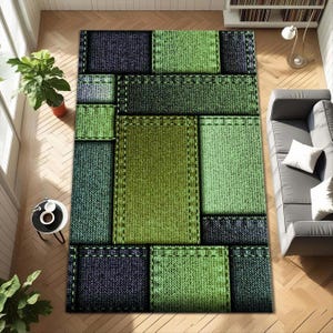 Green Patchwork Area Rug, Modern Living Room Carpet, Natural Tone Floor Decor, Minimalist Bedroom Rug, Contemporary Home Decor Rug