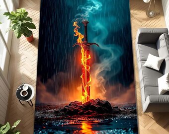 Flaming Sword Rug – Epic Fire & Ice Gamer Room Decor