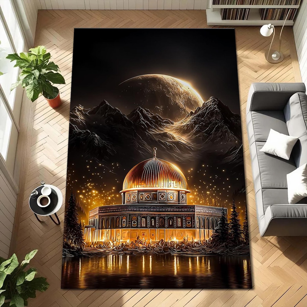 Dome Rug Islamic Mosque Area Rug, Golden Dome Night Landscape Carpet, Spiritual ...