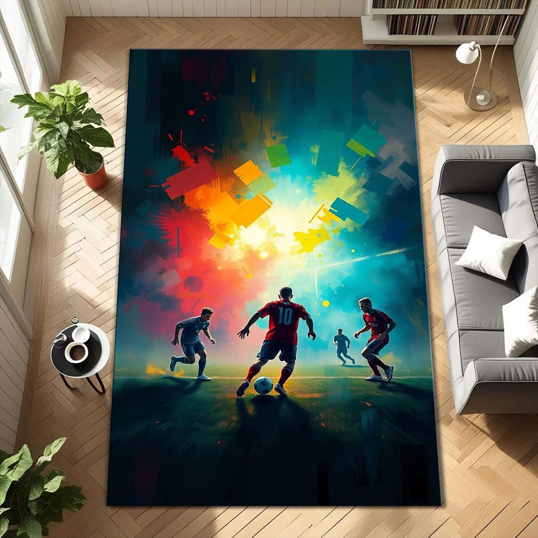 Abstract Soccer Action Rug, Modern Football Art Carpet, Dynamic Sports ...