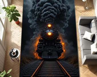 Alfombra de tren de vapor: Locomotora en llamas, decoración de arte industrial