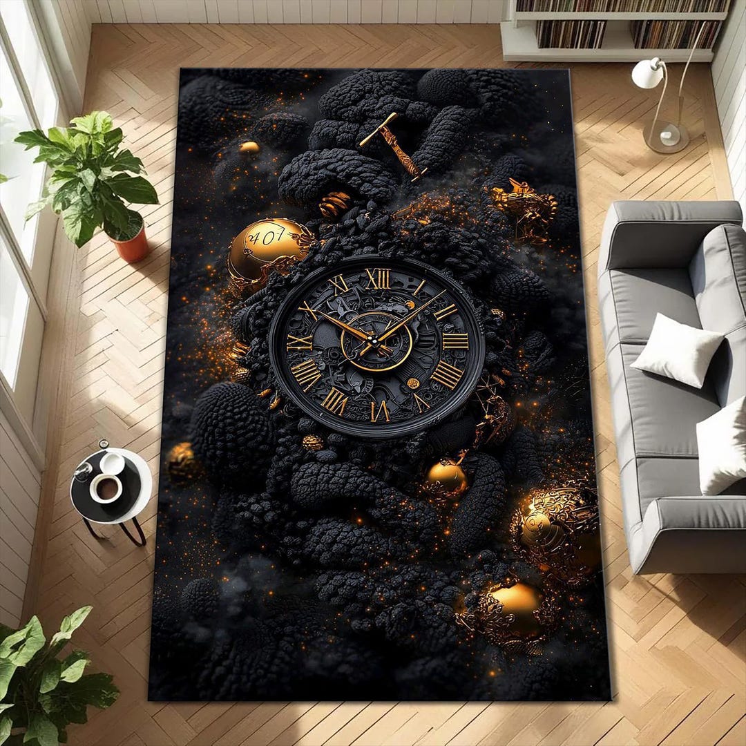 Luxury Black & Gold Clock Rug – Elegant Steampunk Timepiece Design for ...