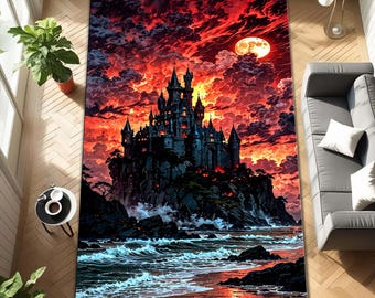 Haunted Midnight Castle Rug – Dramatic Burning Sky Fantasy Art for Unique Home Decor, Gothic Landscape Printed Floor Mat, Gothic Castle Rug