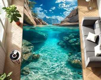Coastal Underwater Landscape Rug, Turquoise & Sand Beach Floor Decor, 3D Ocean Print Area Carpet for Living Room Bedroom Coastal Home Style