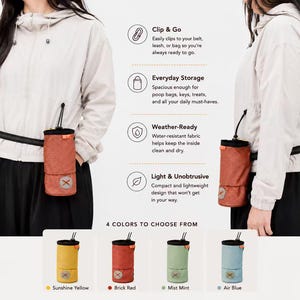 May include: A cylindrical treat pouch with a mesh exterior, featuring a drawstring closure and a small circular logo patch. The pouch is shown in four colours: Sunshine Yellow, Brick Red, Mist Mint, and Air Blue, with text detailing features.