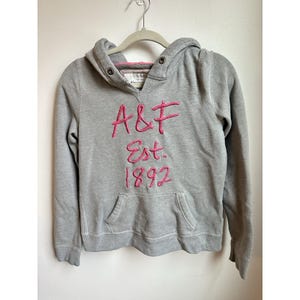 May include: A gray hooded sweatshirt with a kangaroo pocket and the embroidered text "A&F Est. 1892" in pink. The hoodie has a drawstring hood and is hanging on a hanger.
