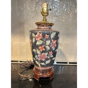 Vintage Ceramic Table Lamp Floral Design Brass Base Blue Pink Elegant Home Decor