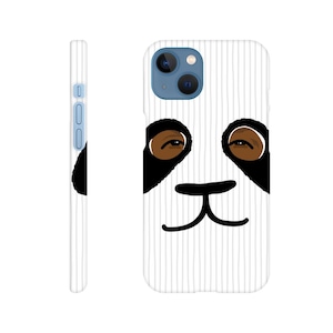 May include: White phone case with a black and white panda face illustration. The panda has brown eyes and a black nose and mouth. The case has a white background with thin gray stripes.
