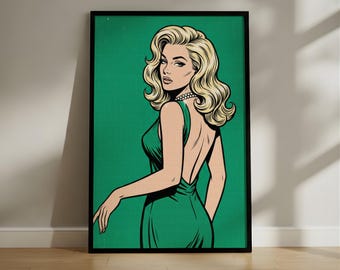 Pop Art Woman Poster, Vintage Comic Style Wall Art, Emerald Green Retro Glamour Print, Halftone Blonde Aesthetic