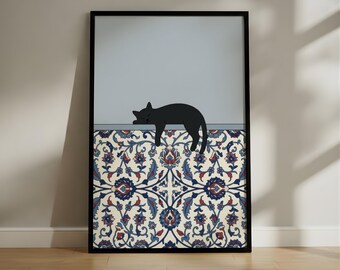 Vintage Floral Black Cat Art Print, Minimalist Whimsical Cat Illustration, Relaxed Feline Wall Decor