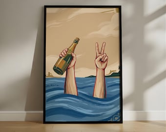 Funny Ocean Illustration Poster, Peace Sign and Bottle Print, Retro Summer Wall Art, Quirky Painterly Poster