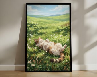 Anime Style Cat in Meadow Digital Wall Art, Peaceful Nature Scene Poster, Green and Brown Aesthetic Cat Painting Room Decor
