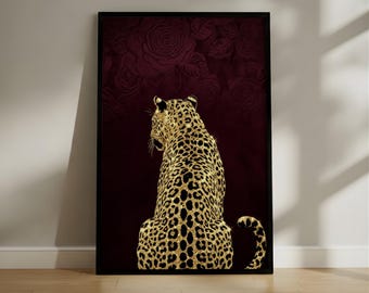 Glamorous Gold Glitter Leopard Wall Art, Deep Burgundy Floral Damask Print, Luxurious Animal Portrait