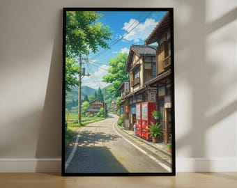 Anime Style Rural Street Scene Poster, Sunny Village Landscape Printable Wall Art, Nostalgic Countryside Illustration Print