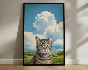 Funny Smoking Cat Wall Art, Vintage Halftone Collage Print, Surreal Pop Art Animal Poster, Irreverent Room Decor