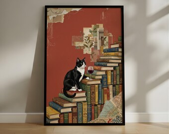 Quirky Cat on Book Stairs Print, Vintage Collage Art, Cozy Wine Lover Wall Decor, Whimsical Feline Poster