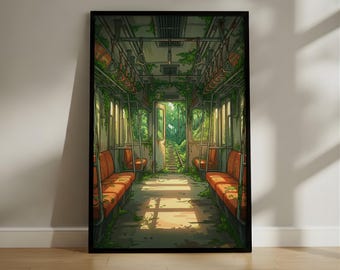 Overgrown Anime Train Interior Poster, Abandoned Nature Railway Scenery, Serene Digital Wall Art Print