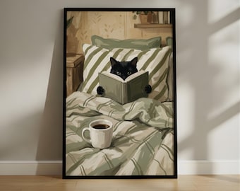Black Cat Reading in Bed Wall Art, Cozy Green Bedroom Decor, Funny Book Lover Print, Whimsical Animal Poster
