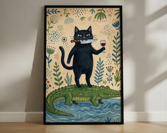 Funny Black Cat and Alligator Wall Art, Take The Risk Quote Poster, Quirky Cat with Wine Print, Whimsical Surreal Animal Room Decor