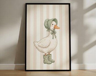 Vintage Watercolor Duck Nursery Art | Whimsical Duckling in Rain Boots Poster | Cottagecore Animal Printable Wall Art