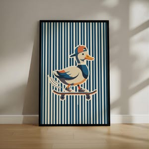 Quadro retrò con anatra pattinatrice, poster minimalista con animali, decorazione giocosa a righe per la cameretta.