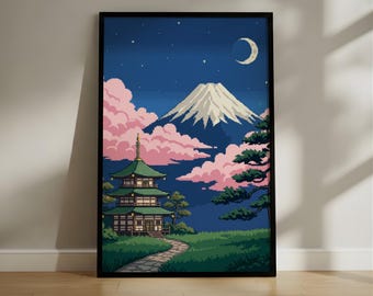 Retro 8-Bit Japanese Mountain Landscape Pixel Art Print, Nostalgic Temple Wall Art, Serene Asian Architecture Poster
