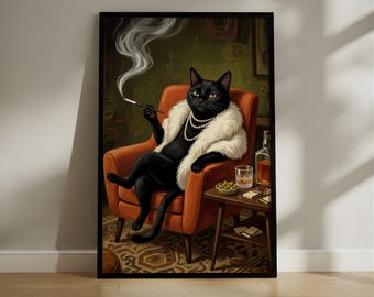 Glamorous Black Cat Lounge Print, Vintage Style Funny Cat Poster, Quirky Retro Decor, Anthropomorphic Animal Art