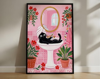 Quirky Black Cat in Pink Bathroom Wall Art, Whimsical Martini Cat Print, Maximalist Decor Illustration