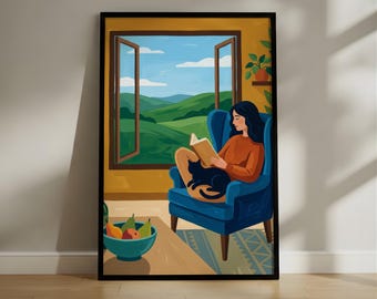 Woman Reading by Window Art Print, Cozy Interior Illustration with Black Cat, Flat Gouache Style Landscape Wall Art