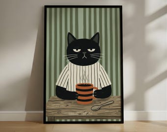 Grumpy Black Cat Drinking Coffee Art Print, Retro Minimalist Funny Cat Poster, Cozy Morning Humor Wall Decor