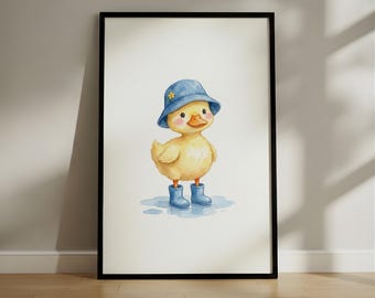 Cute Watercolor Duck Print, Whimsical Nursery Wall Art, Duckling in Blue Rain Boots Poster, Children's Room Decor