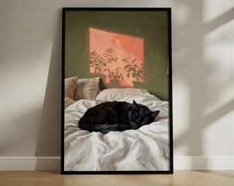 Cozy Black Cat Painting | Sleeping Cat on Sunlit Bed Art Print | Warm Domestic Interior Wall Art | Peaceful Bedroom Scene
