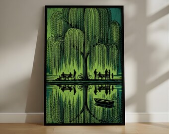 Weeping Willow Tree Woodblock Style Print, Green Landscape Wall Art, Serene Park Scene Graphic Illustration