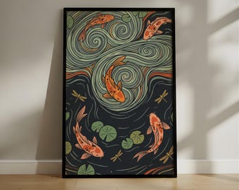 Art Nouveau Koi Fish Print, Vintage Style Botanical Pond Poster, Japanese Woodblock Inspired Nature Illustration