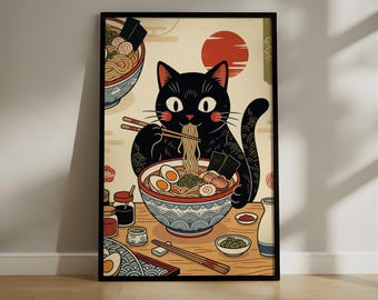 Black Cat Eating Ramen Vintage Japanese Poster Art Retro Noodle Print Ukiyo-e Style Wall Art Cozy Kitchen Decor