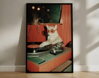 Retro DJ Cat Digital Download – Cool Vinyl Turntable Wall Art, Vintage Music Lounge Decor for Record Lovers & Cat Enthusiasts