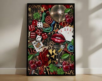 Eclectic Nightlife Collage Wall Art, Edgy Lucky Dice Print, Retro Glamour Bar Cart Poster, Red and Black Maximalist Decor