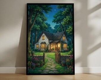 Cozy Cottage at Twilight Wall Art, Anime Inspired Forest Landscape Digital Print, Magical House Poster, Serene Nature Decor
