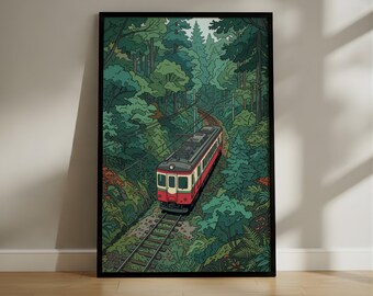 Vintage Forest Railway Travel Poster, Retro Train Wall Art, Nostalgic Anime Style Scenic Nature Print