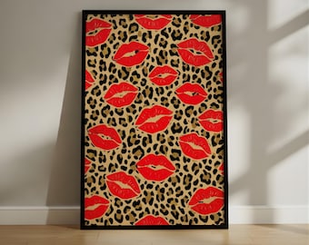 Red Lips and Leopard Print Pop Art Poster, Glamorous Kiss Mark Fashion Illustration, Bold Retro Wall Art