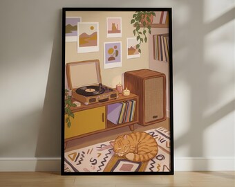 Lo-Fi Cozy Cat Art Print, Retro Music Room Vintage Aesthetic Poster, Chill Vibes Record Player Wall Art, Nostalgic Home Decor