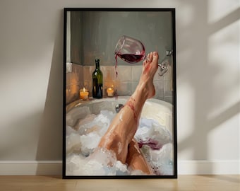 Playful Wine Bath Oil Painting Print, Humorous Bubble Bath Art, Quirky Bathroom Wall Decor, Spilled Red Wine Poster
