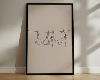 Minimalist Bikini Line Art Print, Summer Beach Wall Decor, Maroon and Beige Continuous Line Drawing