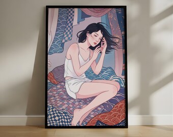 Serene Dreamscape Illustration Art Print | Ethereal Woman Portrait Wall Art | Contemporary Figurative Poster | Blue Patterned Decor