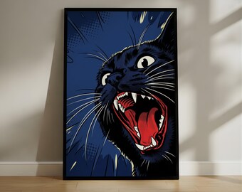 Screaming Black Cat Pop Art Print, Retro Comic Book Illustration Wall Art, Funny Navy Blue and Red Graphic Decor