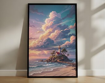 Dreamy Anime Style Coastal Lighthouse Wall Art, Pastel Clouds Sunset Landscape Print, Nostalgic Ocean Seascape Poster