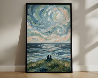 Impressionist Ocean View Wall Art, Swirling Sky Landscape Painting, Peaceful Couple on Hill Poster