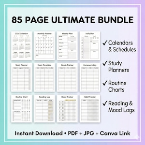 K&ouml;nnte beinhalten: Ein digitales Planer-Bundle mit 85 Seiten, einschlie&szlig;lich Kalendern, Studienplanern, Routine-Charts und Leseprotokollen. Das Bild zeigt einen Kalender f&uuml;r 2026, Monats- und Wochenplaner sowie einen Tagesplan. Sofortiger Download als PDF, JPG und Canva.