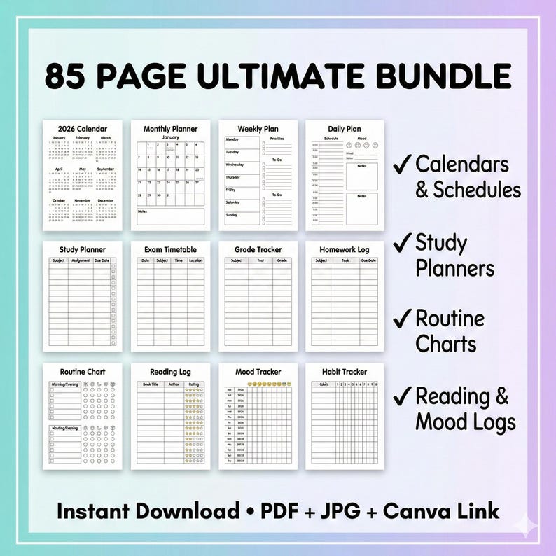 K&ouml;nnte beinhalten: Ein digitales Planer-Bundle mit 85 Seiten, einschlie&szlig;lich Kalendern, Studienplanern, Routine-Charts und Leseprotokollen. Das Bild zeigt einen Kalender f&uuml;r 2026, Monats- und Wochenplaner sowie einen Tagesplan. Sofortiger Download als PDF, JPG und Canva.